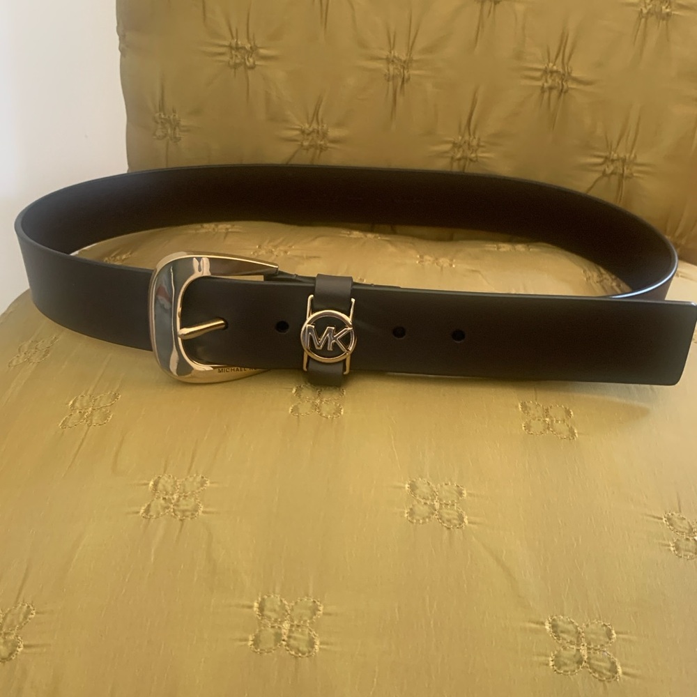 Michael Kors Dark Brown Leather Belt with Gold Buckle